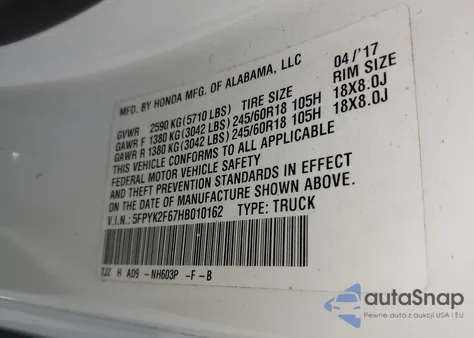 2017 Honda Ridgeline Rtl-T z USA, uszkodzony, nr VIN 5FPYK2F67HB010162